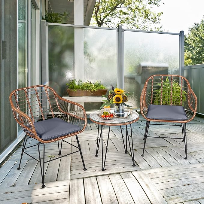 Tangkula 3 Pieces Patio Conversation Bistro Set, Outdoor Wicker Furniture - Image 2