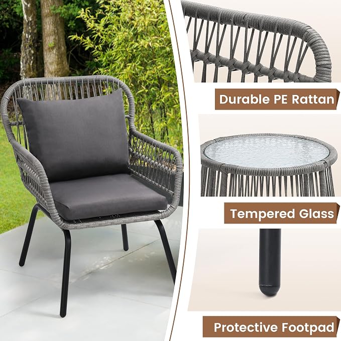 wildformers 3 Pieces Rattan Wicker Bistro Set, Outdoor Conversation Set - Image 5