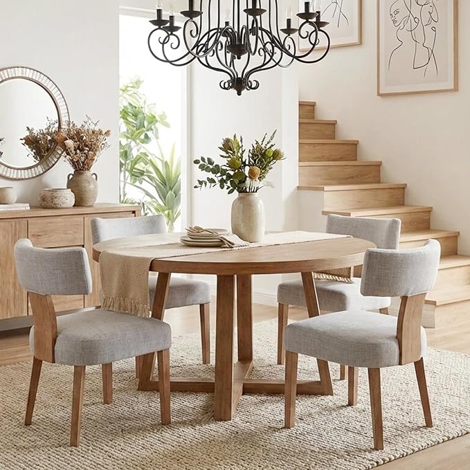 HNY Set of 4 Mid Century Modern Dining Chairs, Farmhouse Linen Fabric by HNY