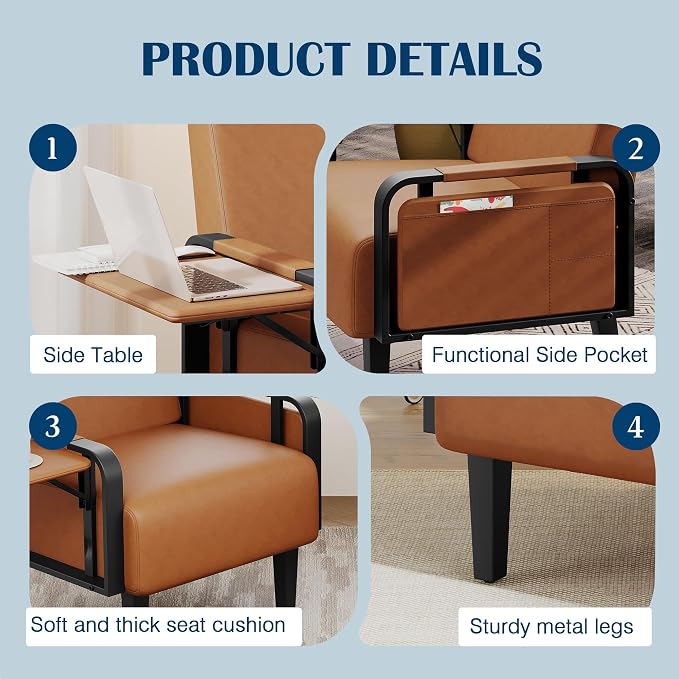 Andeworld Modern Brown Accent Chair Set of 2, PU Leather Upholstered Armchair - Image 5