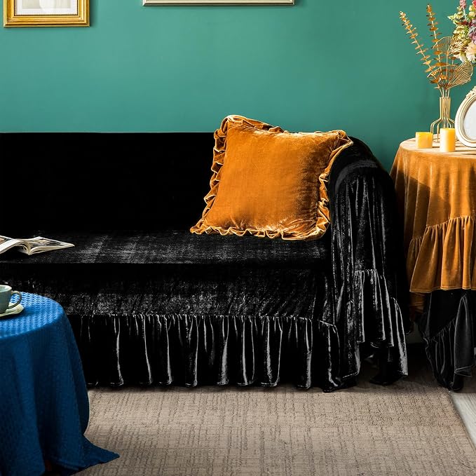 GLORY SEASON Velvet Sofa Cover Soft Decorative Luxurious Solid Exquisite Ruffle - Image 8