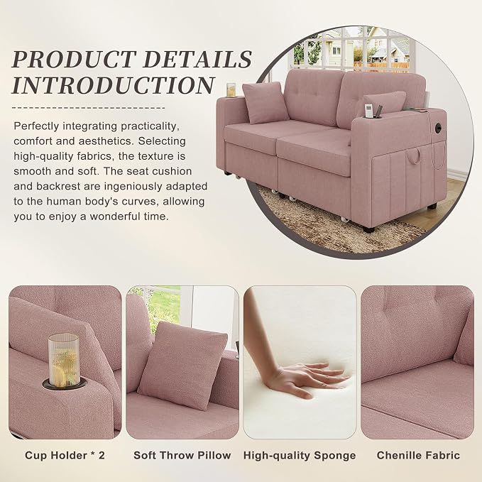 67" Small Loveseat Couch with Storage, USB Charging and Cup Holder, Space - Image 6