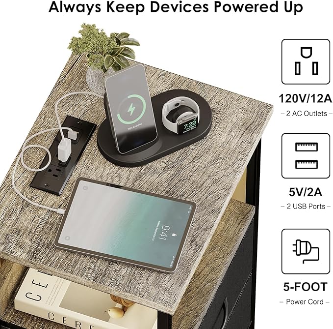 Fixwal Night Stand with Charging Station, LED Nightstand with Fabric Drawers - Image 5