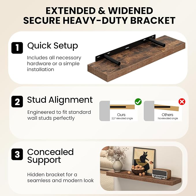 Fun Memories Floating Shelves for Wall, 9.3 Inch Set of 4 Rustic Wood Wall - Image 5