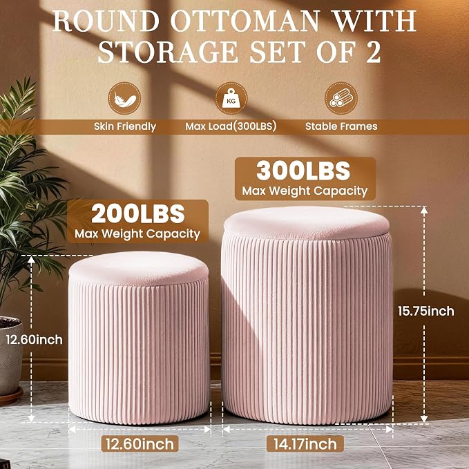 Set of 2 Round Storage Ottomans, Velvet Footstool Pouf - Image 2