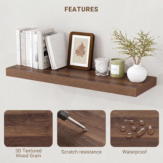 Acovy 72 Inch Floating Shelves, 3D Textured Wood Grain, Wooden Shelves - Image 4