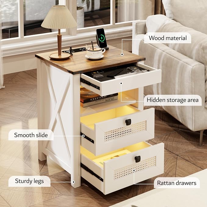 Bedside Table Set of 2 with Charger Station, Night Stand with Gun Drawer - Image 6