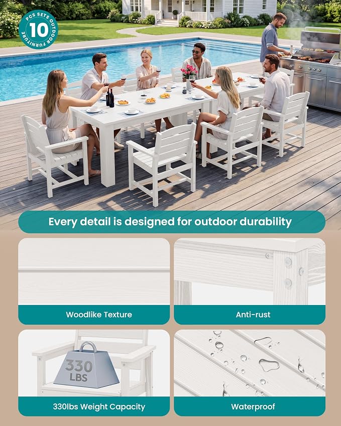 SERWALL HDPE Dining Set for 8: 2 Umbrella Hole Tables + 8 Chairs. Includes 8 - Image 2