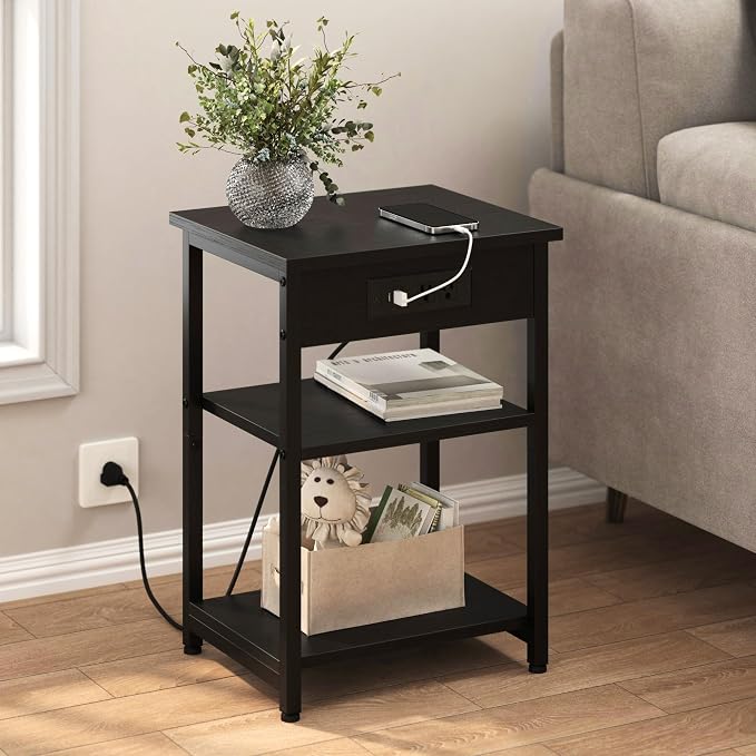 End Tables Set of 2 with Charging Station USB Ports, 3 Tier Tall Night Stand - Image 2