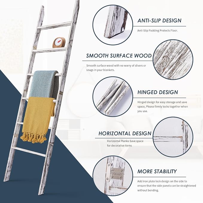 6-Tier Blanket Ladder Wooden, 5.7FT Blanket Quilt Towel Holder Rack Decorative - Image 5