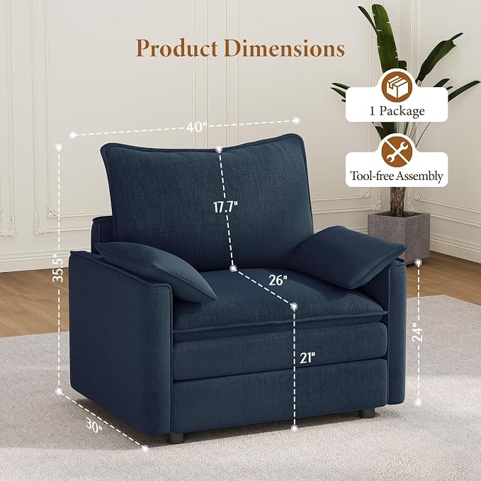 Vesgantti 40" Single Seat Sofa, Comfy Cloud Couch Deep Seat Upholstered Couch - Image 2
