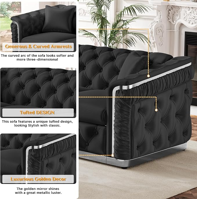 Luxury Chesterfield Sofa Set of 2, Velvet Tufted Couch Victorian Black and - Image 4