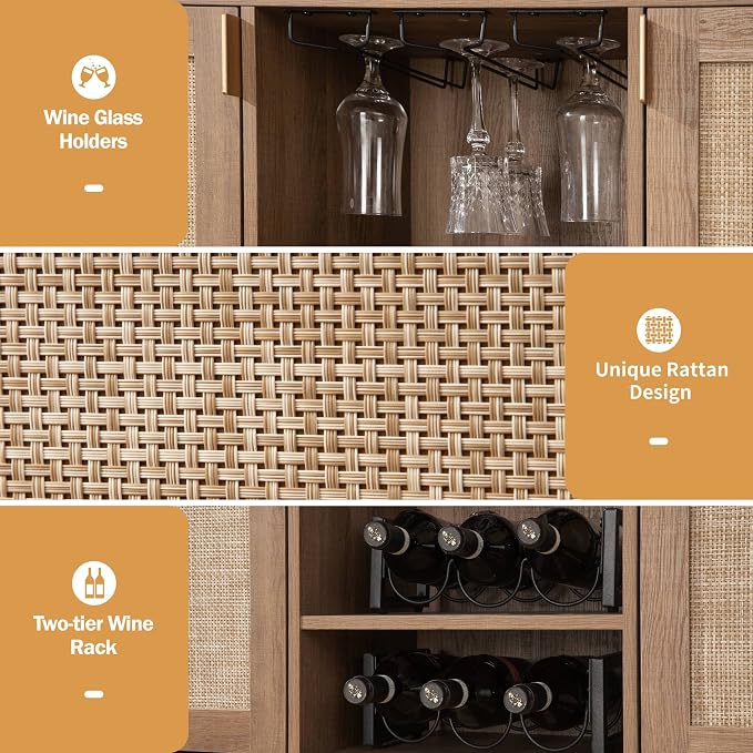 SICOTAS Rattan Coffee Bar Cabinet, Boho Liquor Wine Cabinet Set of 2 Credenza - Image 5