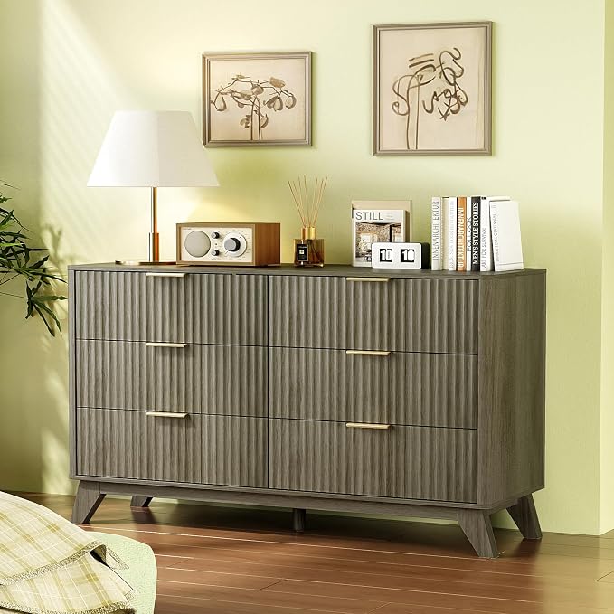 VINGLI Fluted Grey Dresser 6 Drawer Gray Dresser - Image 7