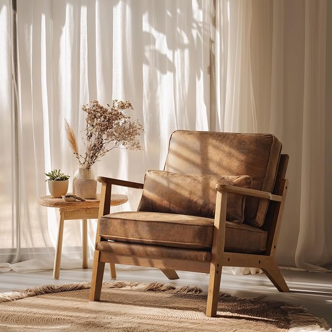 VINGLI Solid Wood Wide Armrests Accent Chair, Upholstered Mid Century Modern by VINGLI