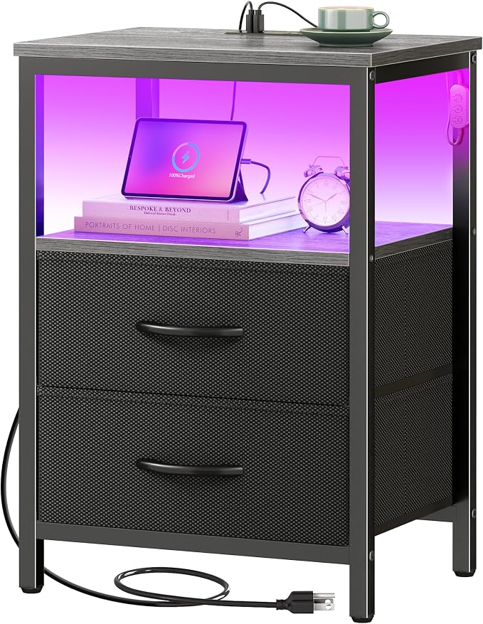 Huuger Night Stand with Charger Station and LED Lights, 2 Drawer Nightstand by Huuger