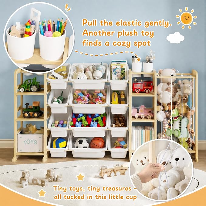 Toy Storage Shelf 3-in-1 Bookshelf & Stuffed Animal Storage & 12 Plastic Bins - Image 6