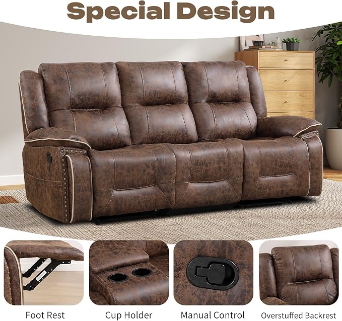 EBELLO Faux Leather Manual Recliner Sofa Set, Double 1 Seat Reclining Chair - Image 3