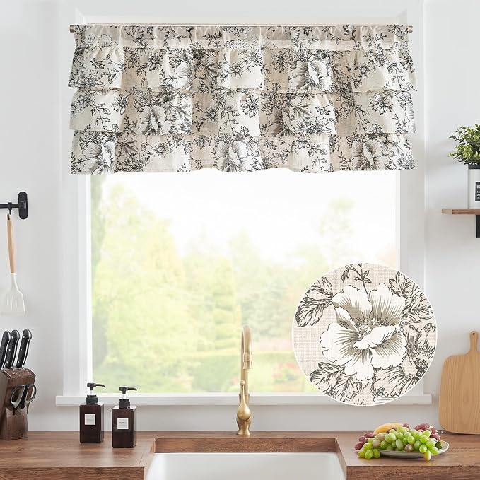 jinchan Ruffled Floral Valance Linen Shabby Chic Small Window Curtain 18 Inch - Image 2
