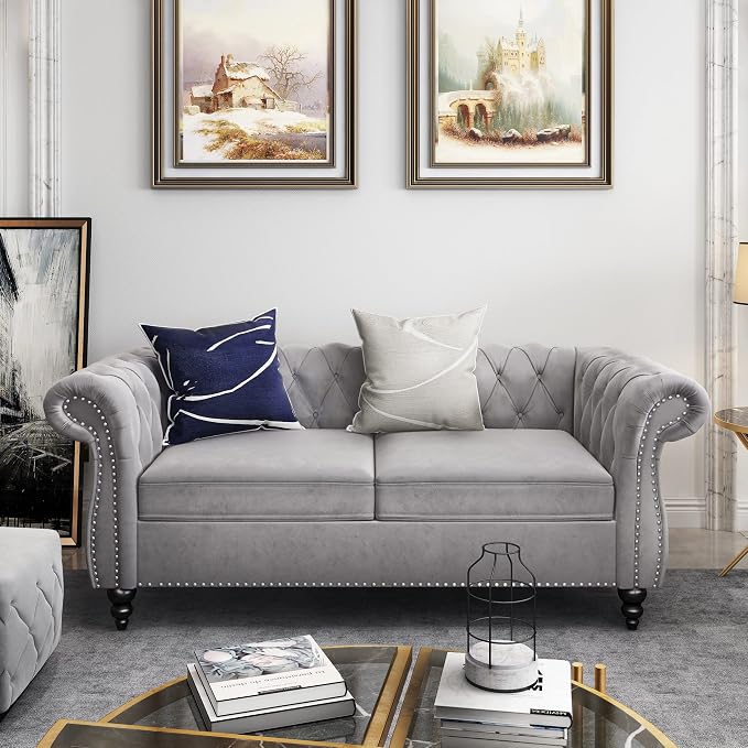 2 Piece Living Room Set, Velvet Chesterfield Sofa Loveseat Couch - Image 3
