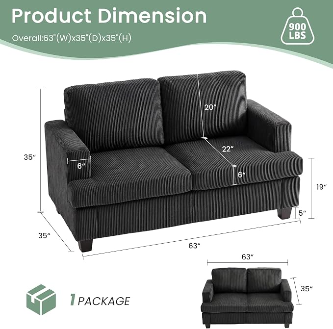 2 Pieces Corduroy Couch Set for Living Room, Deep Seat Floor Couch for Bedroom - Image 2
