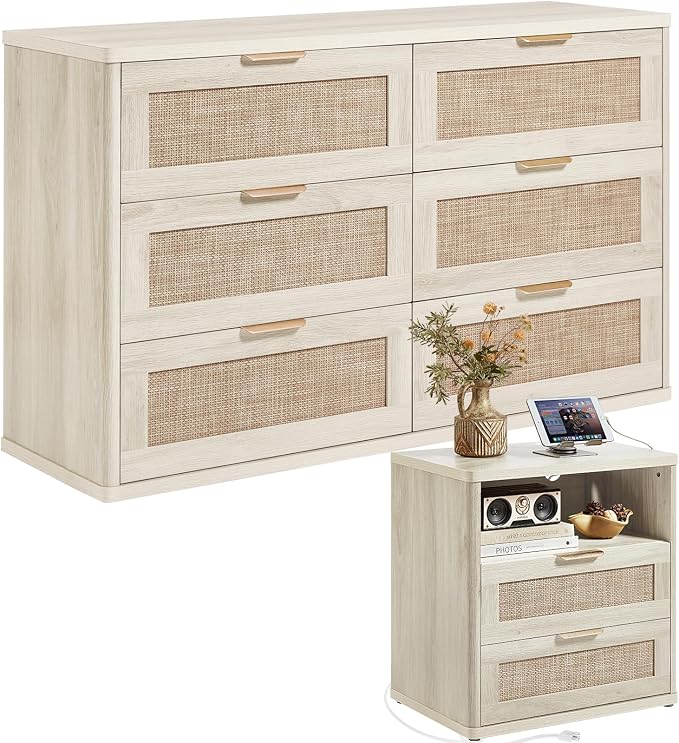 LEYAOYAO Rattan Dresser and Nightstand Set of 2, Boho Wood Dresser by LEYAOYAO-Findtheshiningpointofyourideallife%EF%BC%81