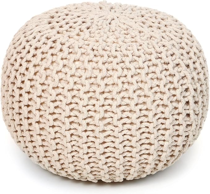 REDEARTH Round Pouf Ottoman –18"x18"x14" Hand-Knitted Cotton Pouffe –Cable by REDEARTH