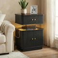 Black Nightstand with Charging Station and LED Light, Fluted Bedside Table with by Akmakm