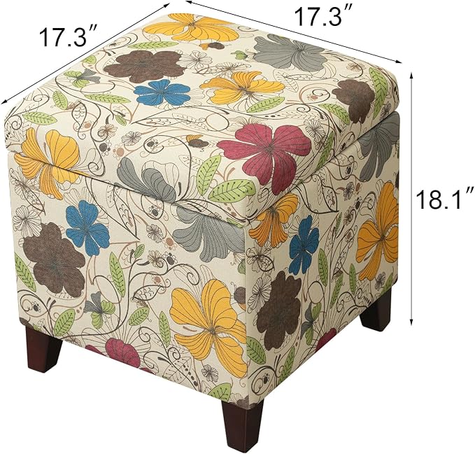 Adeco 18 Inch High Cube Ottoman Storage, Floral Printed Linen Chair Foot Stools - Image 3