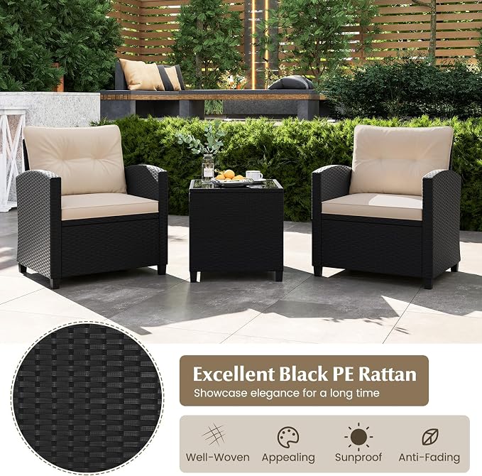 Tangkula 3 Piece Patio Furniture Set, Rattan Conversation Set w/Soft Seat & - Image 8