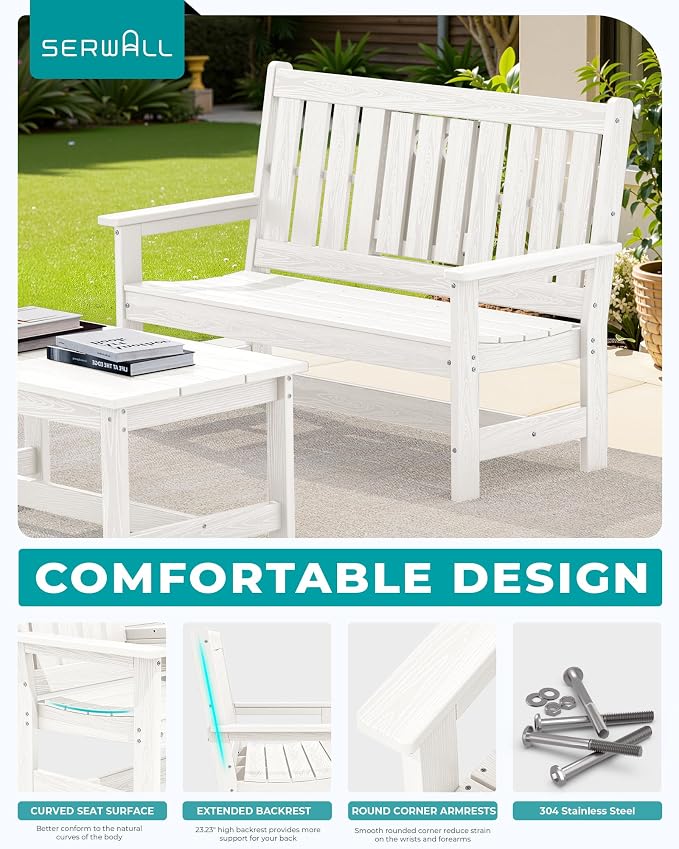 SERWALL Outdoor Bench with Cup Holder, Oversized 58" HDPE Porch Bench Suitable - Image 5