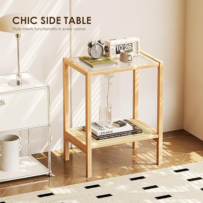 Bamworld Side Table Nature Rattan Night Stand Glass End Table 2-Tier - Image 5