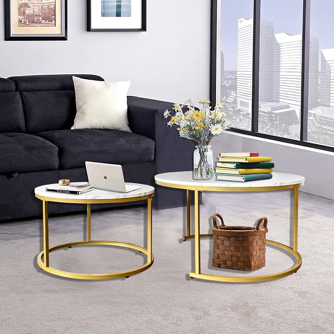 AT-VALY Coffee Table Set of 2 Nesting Tables, Round Sofa Table - Image 4