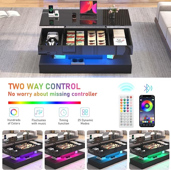 47.2" Large Lift Top Coffee Table, Modern High Glossy LED Coffee Tables - Image 6