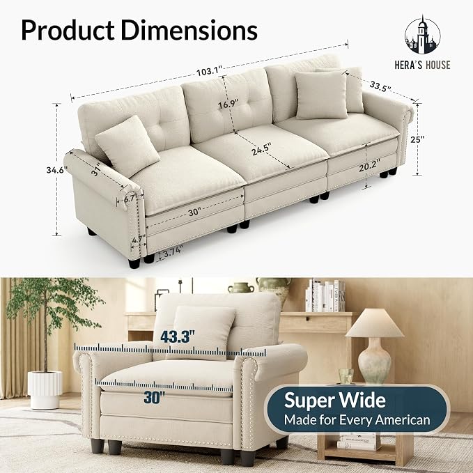 HERA'S HOUSE 116.11" Mid-Century Modern Couch, Oversized Sectional Couch - Image 2