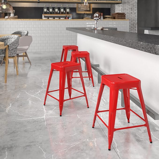Flash Furniture Kai Commercial Grade 24" High Backless Red Metal Indoor-Outdoor - Image 2