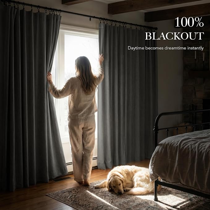 RYB HOME 100% Blackout Linen Textured Curtains 108 inches Long, Thermal - Image 3