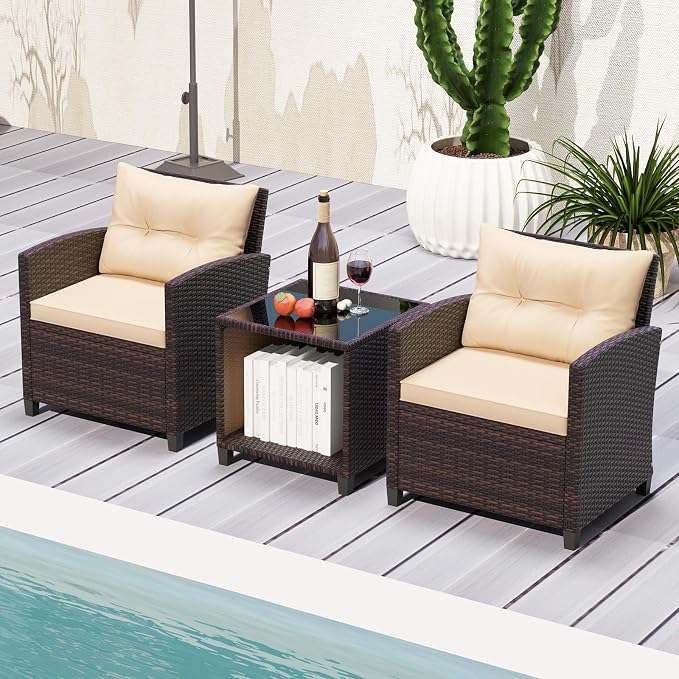 HAPPYGRILL 3 Pieces Patio Conversation Set, Outdoor Rattan Wicker Chairs & - Image 2