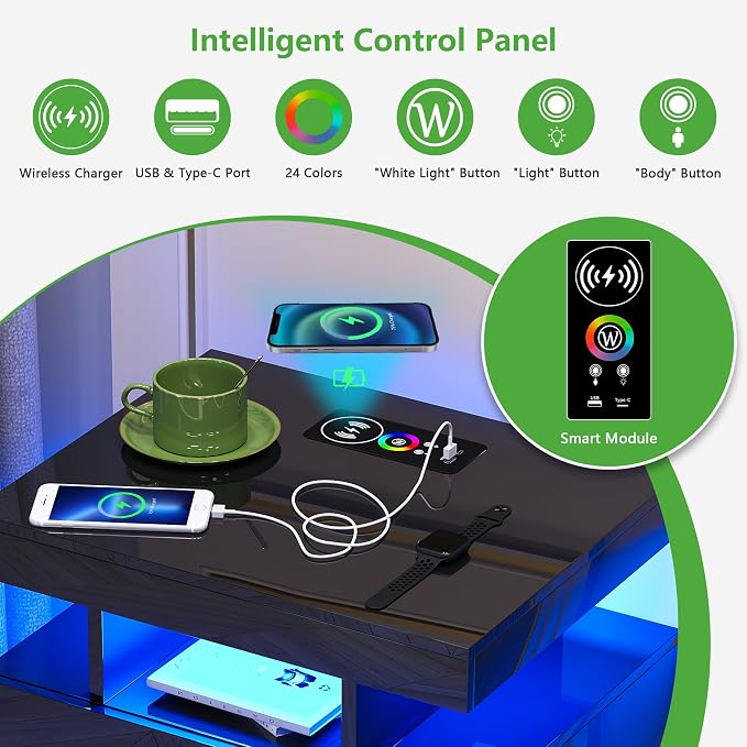 HNEBC Auto LED Nightstand with Wireless Charging Station & USB Ports, High - Image 5