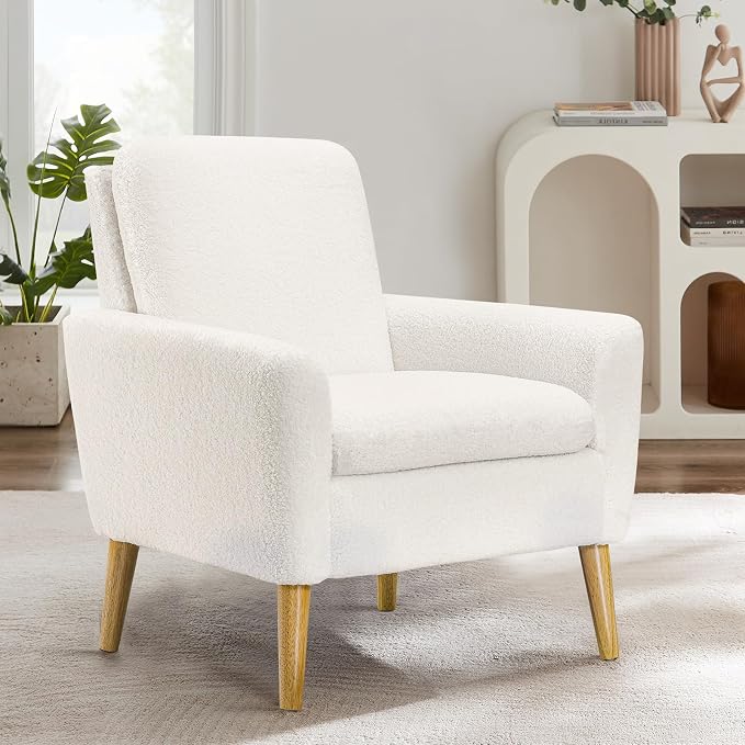 Sherpa Accent Chair, Modern White Teddy Fabric Upholstered Comfortable Armchair by Lohoms