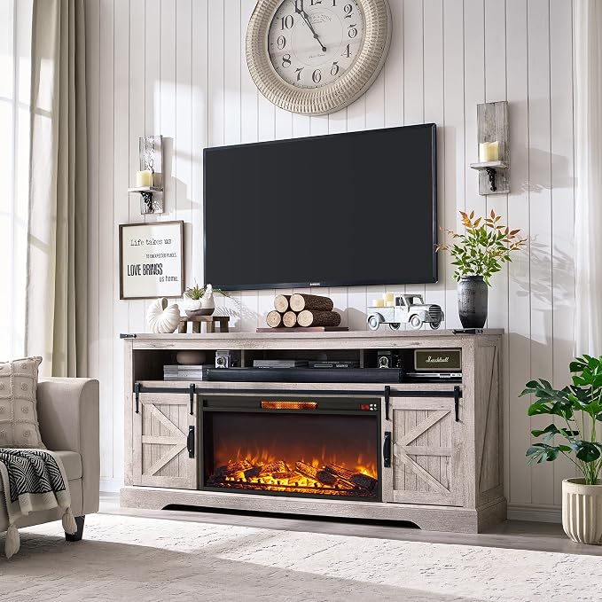 OKD Fireplace TV Stand for 80 Inch TV, Rustic Media Console w/Sliding Barn Door - Image 7