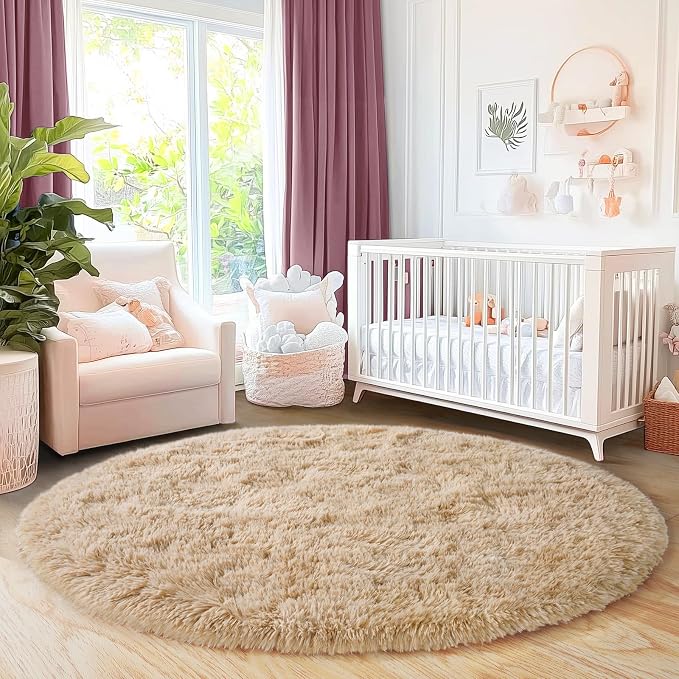 5'x5' Beige Round Rug for Bedroom, Ultra Soft Fluffy Circle Rug for Kids Girls - Image 8