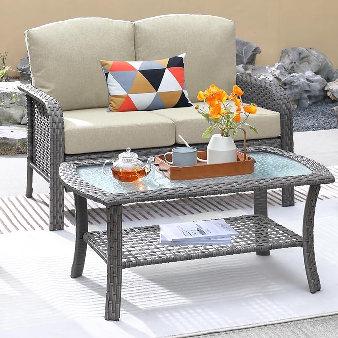 ovios 2-Piece Patio Furniture Set, Outdoor Wicker Sofa by OVIOS