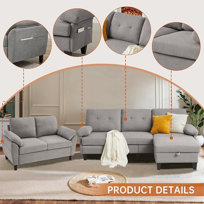 84" Convertible Sectional Sofa Set, 3 Seat L Shaped Couch - Image 4