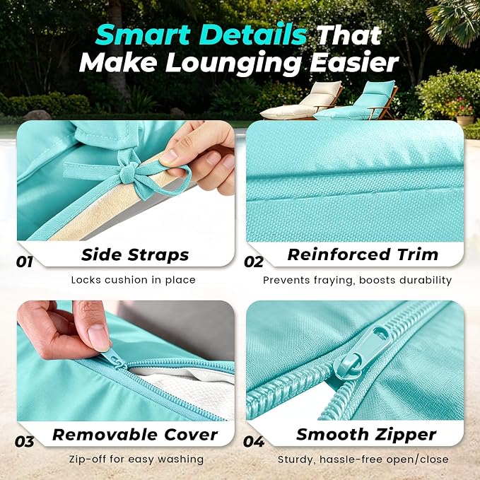 Outdoor Chaise Lounge Chair Cushion, Waterproof Non-Slip Patio Chaise Lounge - Image 5