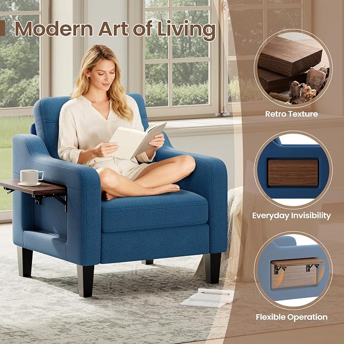 Accent Chair for Living Room Modern Linen Upholstered Armchair Side Wooden - Image 3