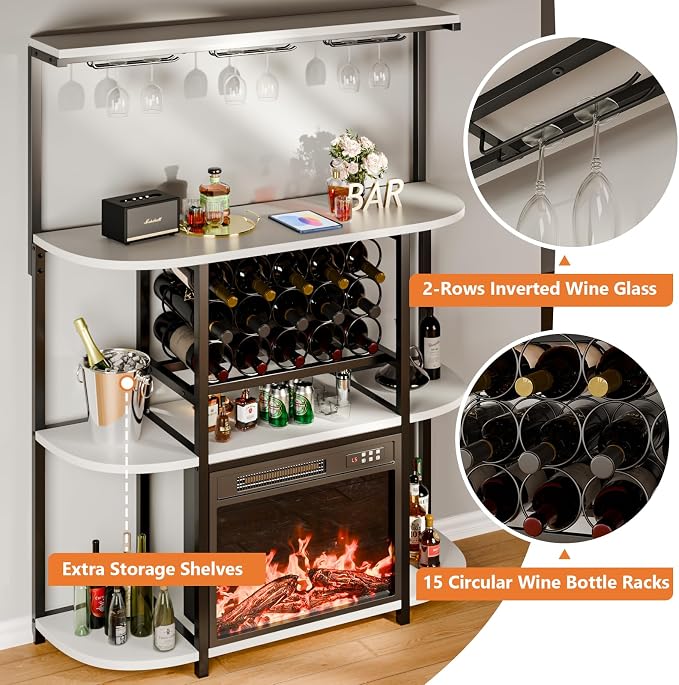 PUKAMI Bar Cabinet with Fireplace, Home Mini Bar Cabinet with Power Outlet and - Image 4
