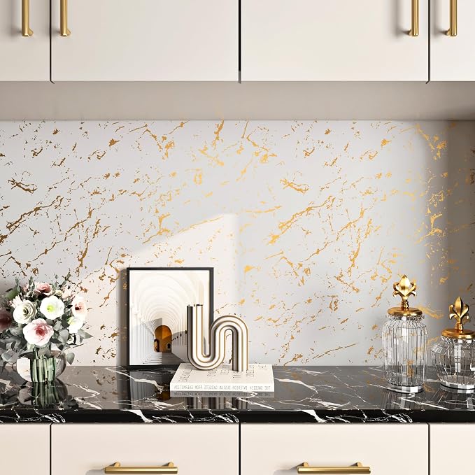 FunStick 24"x200" Off White and Gold Marble Peel and Stick Wallpaper Self - Image 7
