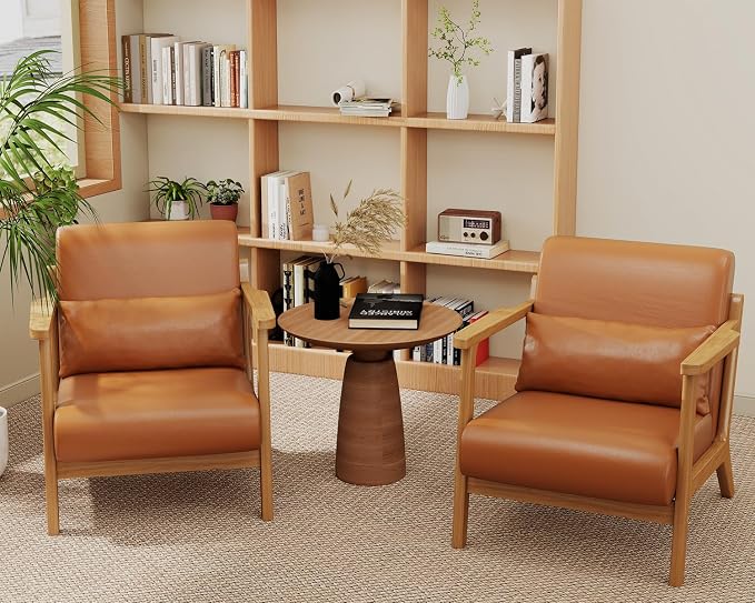 Accent Chair and Ottoman Set, Mid-Century Modern Faux Leather Armchair - Image 5