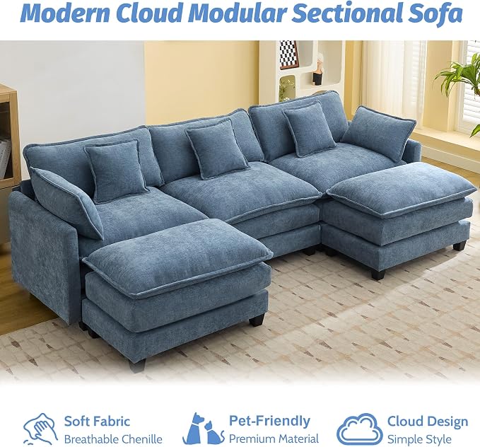 111'' Sectional Cloud Deep Seat Couch, Oversized Chenille U Shaped Sectional - Image 7